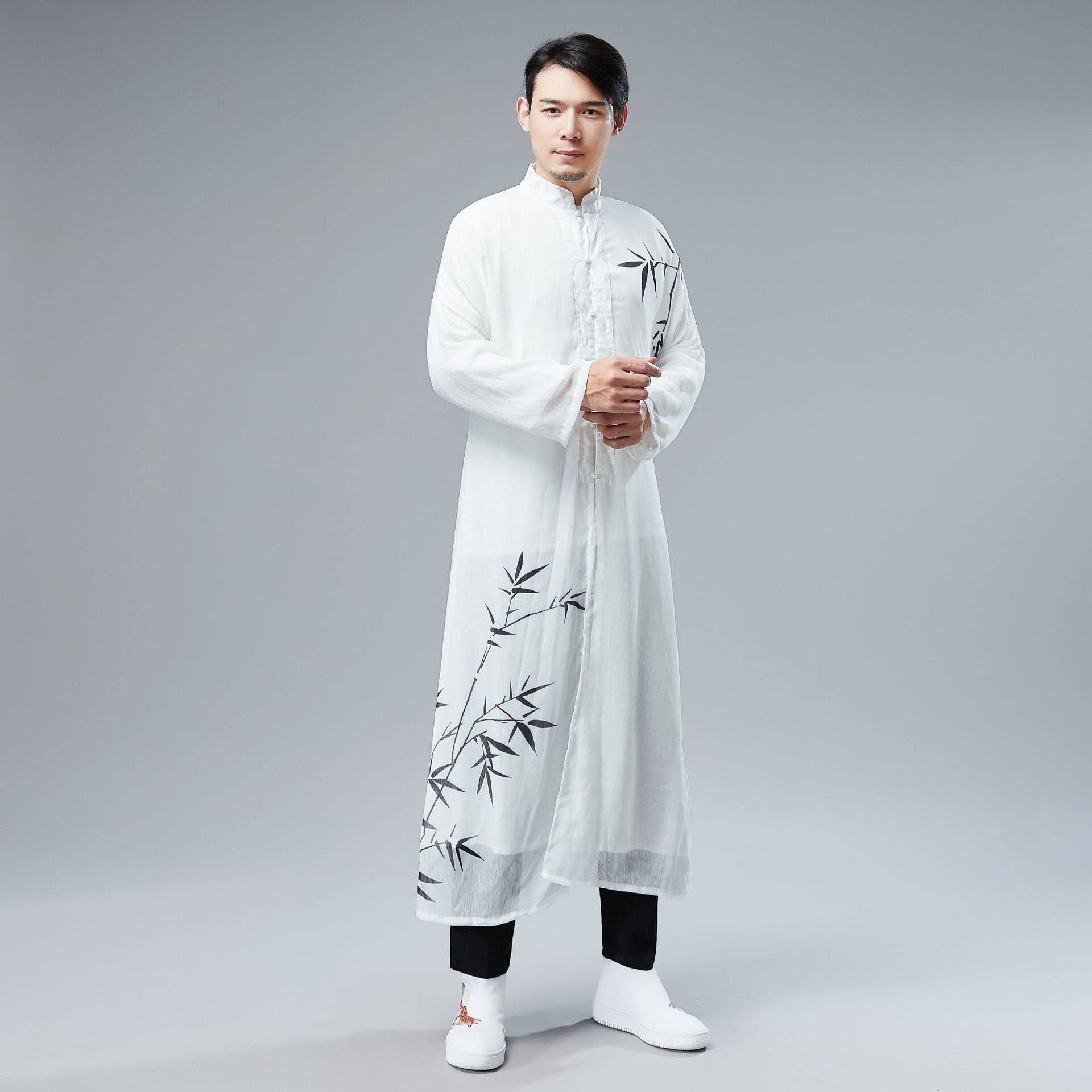 织造局夏季新款唐装复古中式男装雪纺长衫修身款防shai衣中国风长
