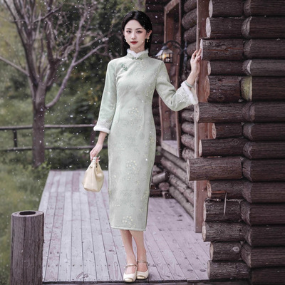 云梦集秋冬绿色旗袍冬装女新中式冬天加绒加厚小个子长袖日常可穿