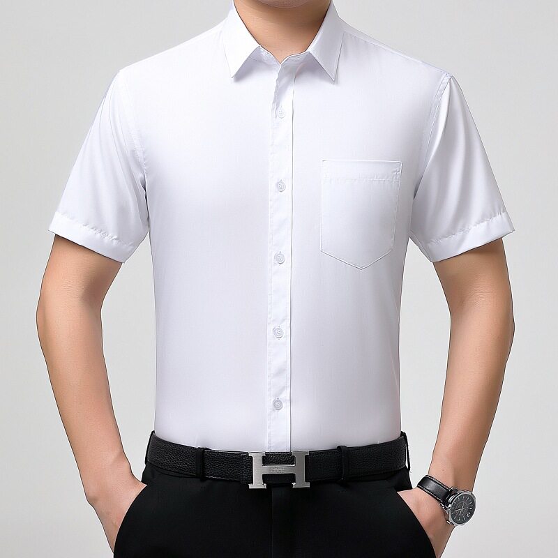 织造局桑蚕丝男士衬衫职业休闲正装纯色工作服修身免烫短袖高档衬