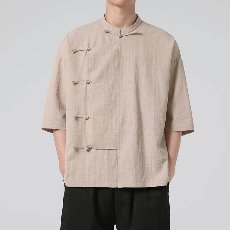 云梦集2025男装夏季新款中式盘扣汉服衬衫亚马逊大码斜扣亚麻唐装