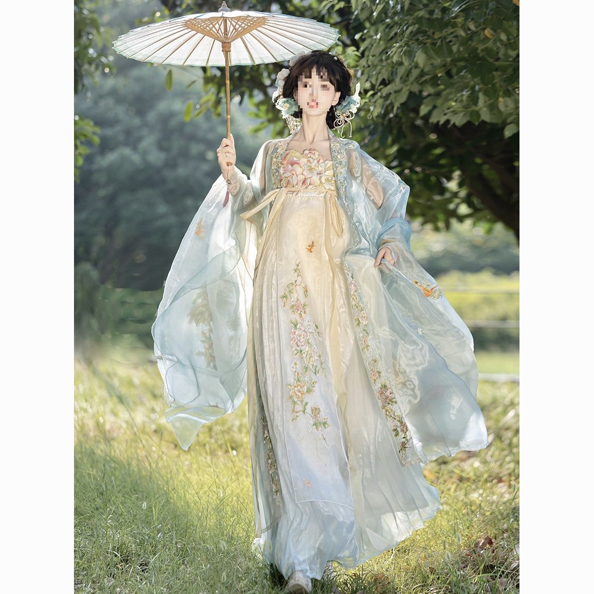 云梦集【白芍】原创汉服女重工刺绣大袖衫唐制诃子裙一片式春夏秋