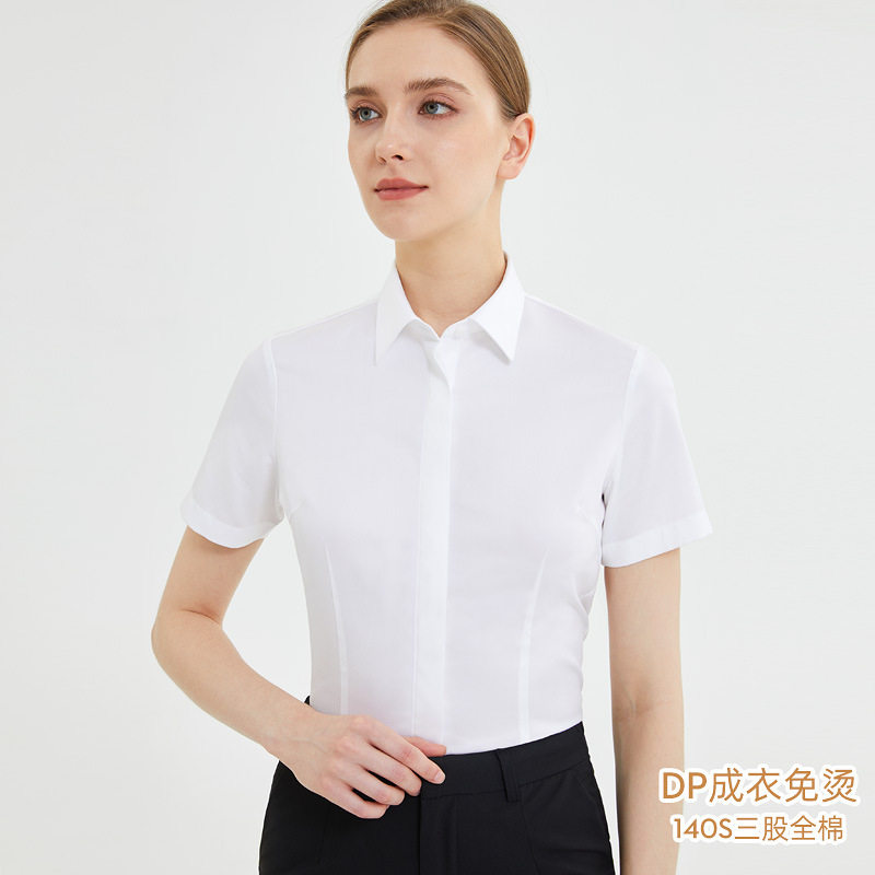 织造局140S/3纯棉DP成衣免烫女士短袖衬衫高端职业女装白色衬衣团