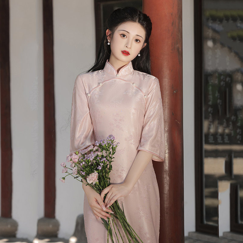 织造局粉色国风新中式长款长袖旗袍改良年轻款女高级感复古修身收