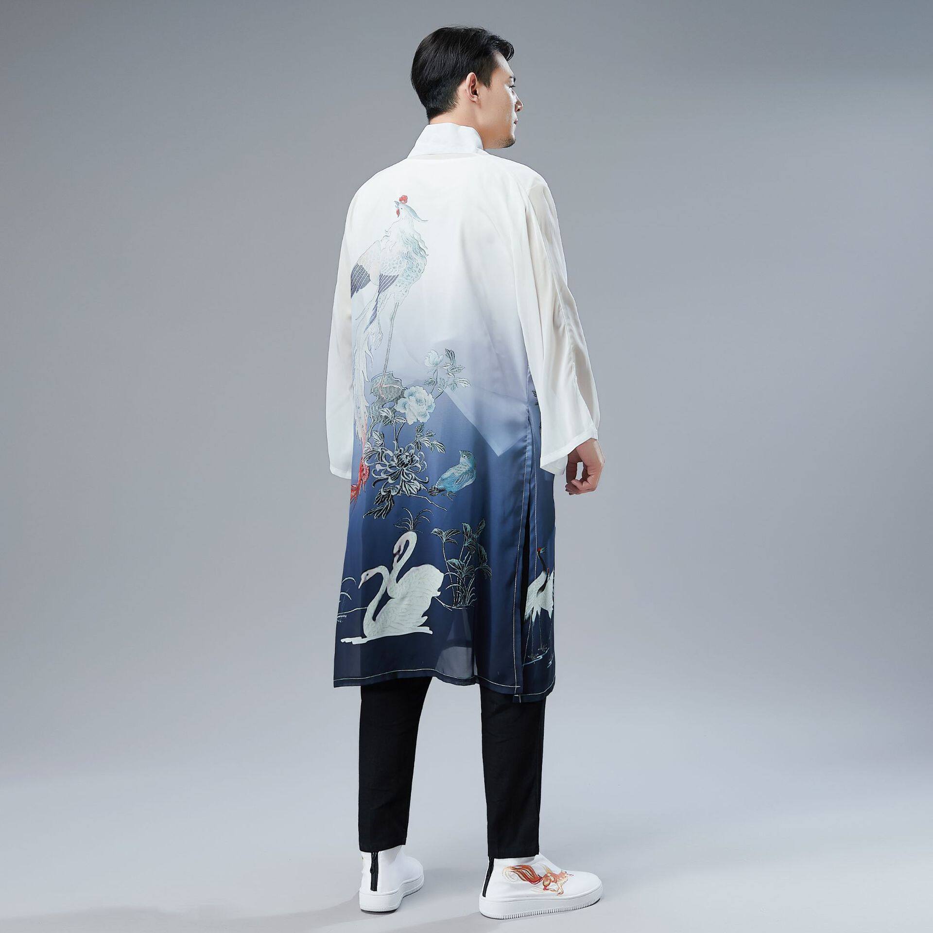 织造局2026夏季新款 百鸟服 中国风雪纺印花改良服男装中式开衫薄