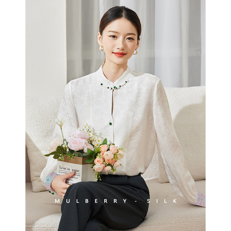云梦集新中式立领盘扣真丝花罗衬衫女2025秋季气质国风提花桑蚕丝