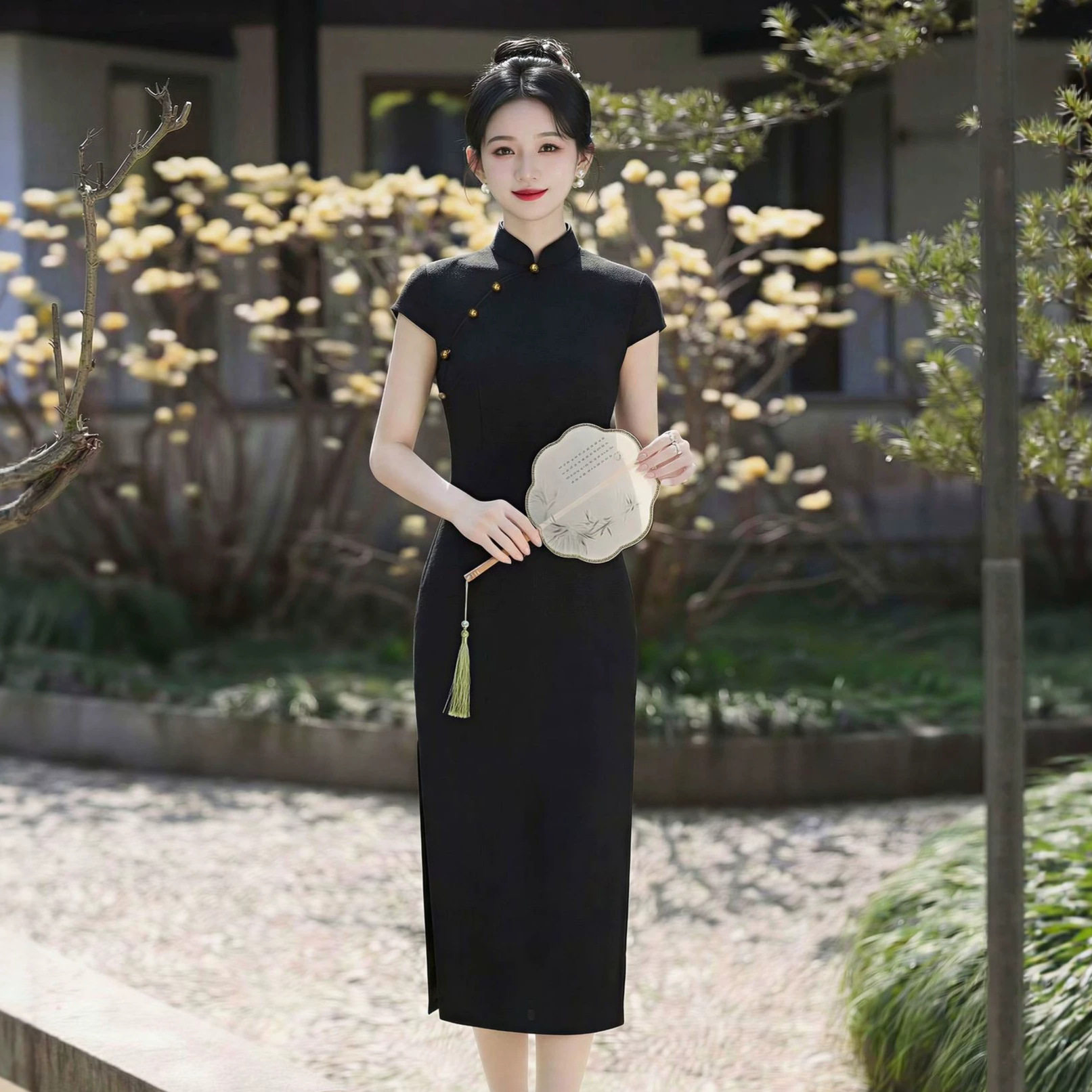 织造局新中式黑色旗袍女法式小香风复古显瘦短袖改良小个子连衣裙