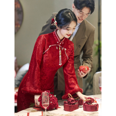 云梦集红色旗袍加绒加厚新中式冬装订婚礼服裙服新娘结婚回门秋冬