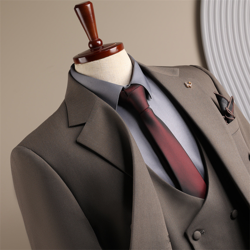 云梦集男士西服套装韩版正装咖色休闲商务新郎结婚伴郎服婚礼西装