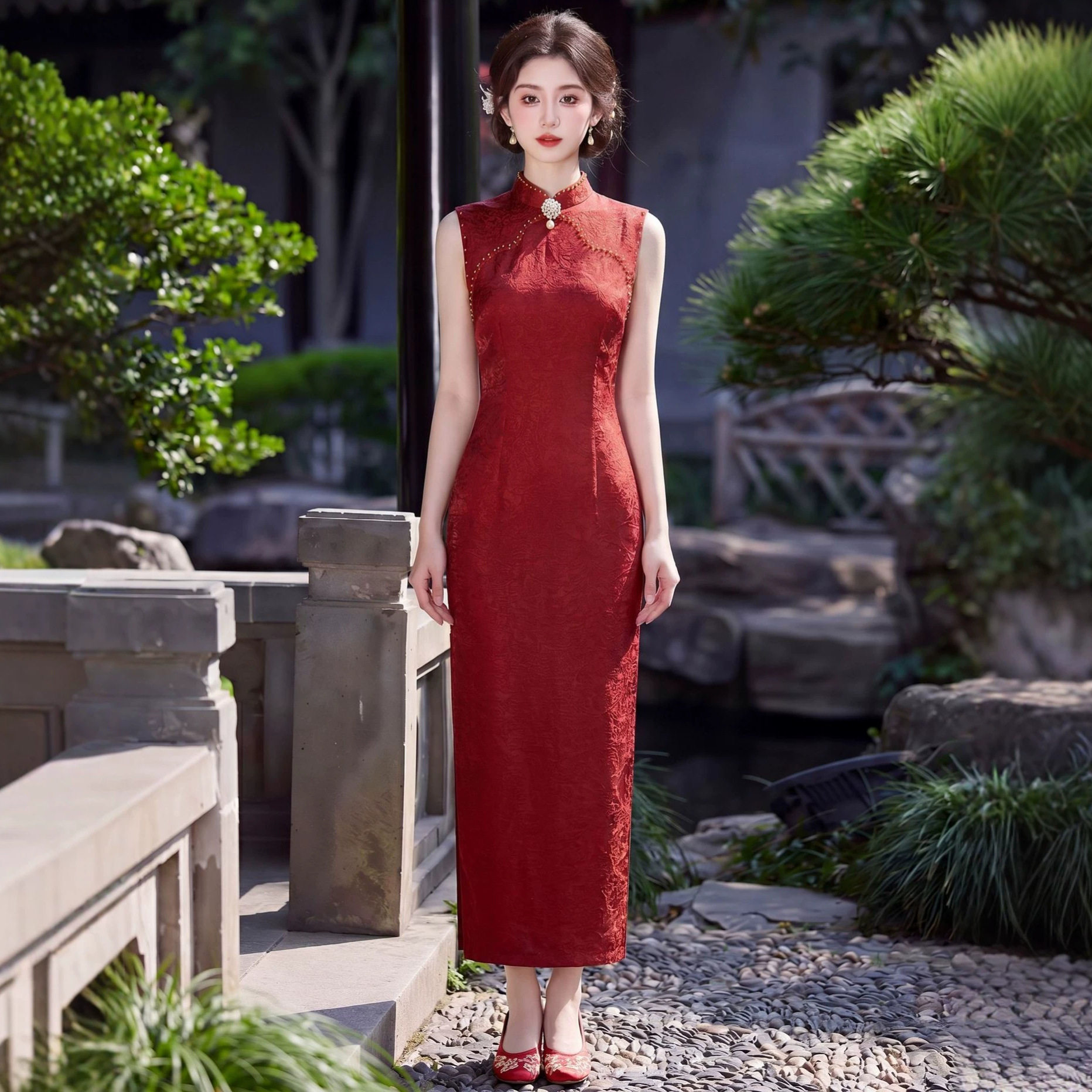 织造局红色旗袍服2026新款订婚礼服新中式高端提花日常可穿连衣裙