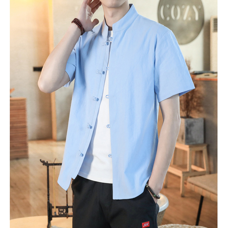 云梦集2025夏装新款棉麻盘扣中式短袖衬衫男亚马逊大码男士休闲唐