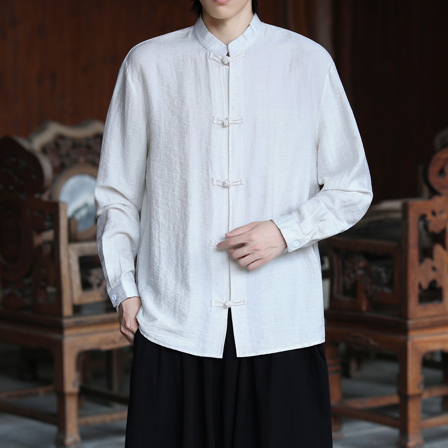 云梦集2025秋冬新款大码盘扣男士休闲长袖衬衫中式亚麻男装汉服