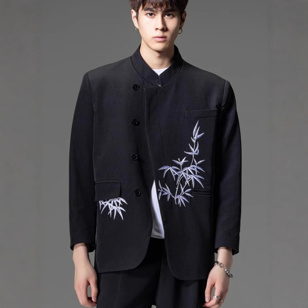 云梦集新中式国风竹子刺绣中山装男高级感西装外套结婚订婚礼服西