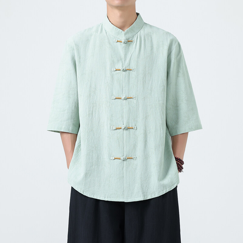 云梦集2025夏中国风短袖衬衫男时尚百搭立领盘扣唐装宽松半袖衬衣
