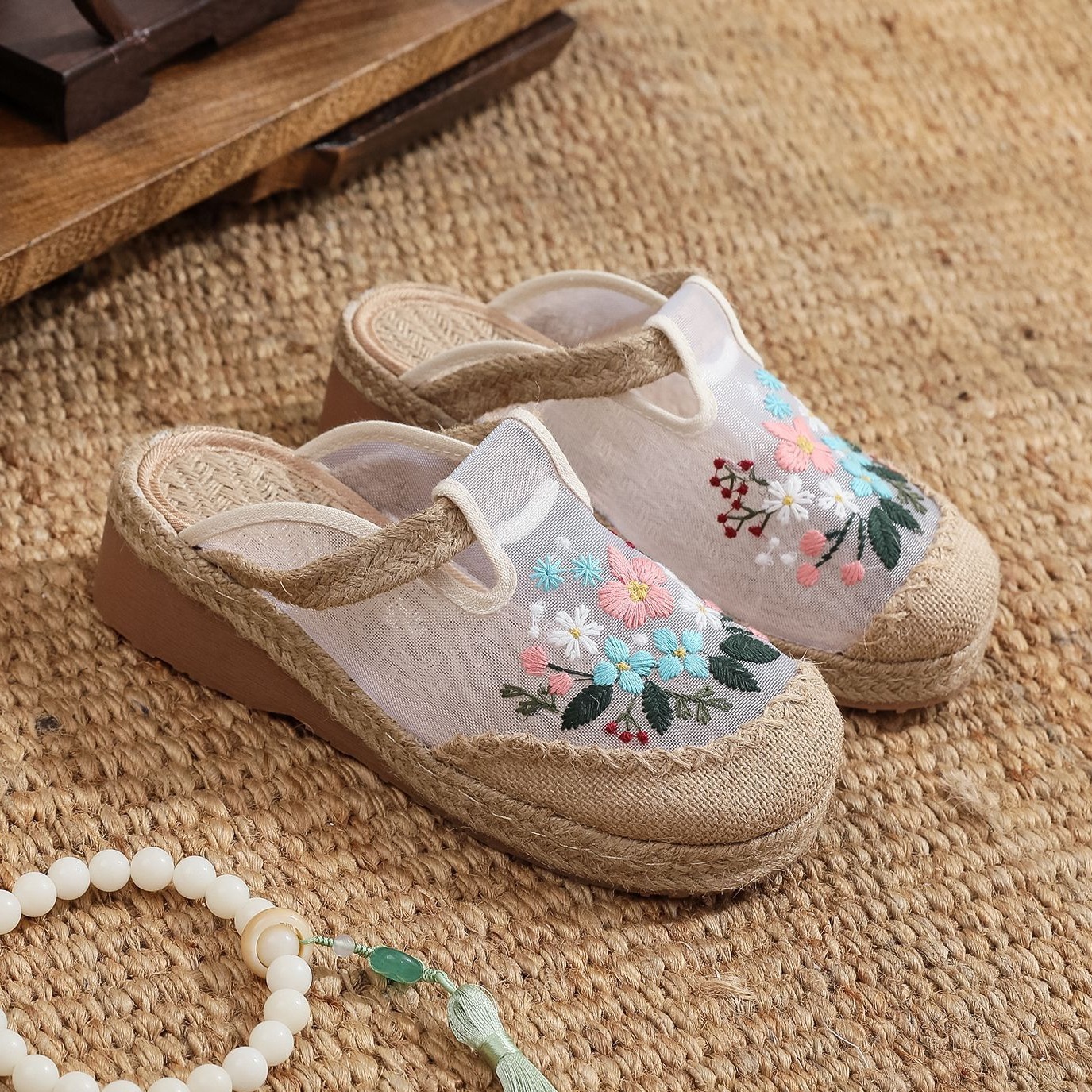 云梦集夏季新款绣花拖鞋民族风女 增高5厘米古风透气网纱拖鞋