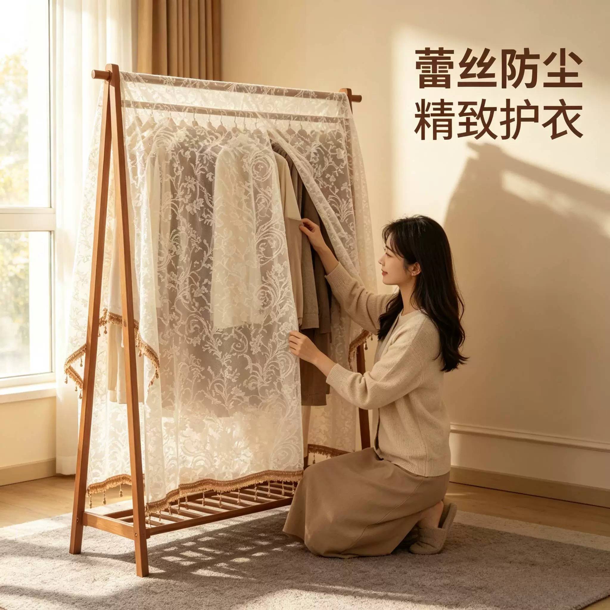 奶油风法式流苏衣服防尘盖巾家用开放式落地衣架防灰遮挡蕾丝布