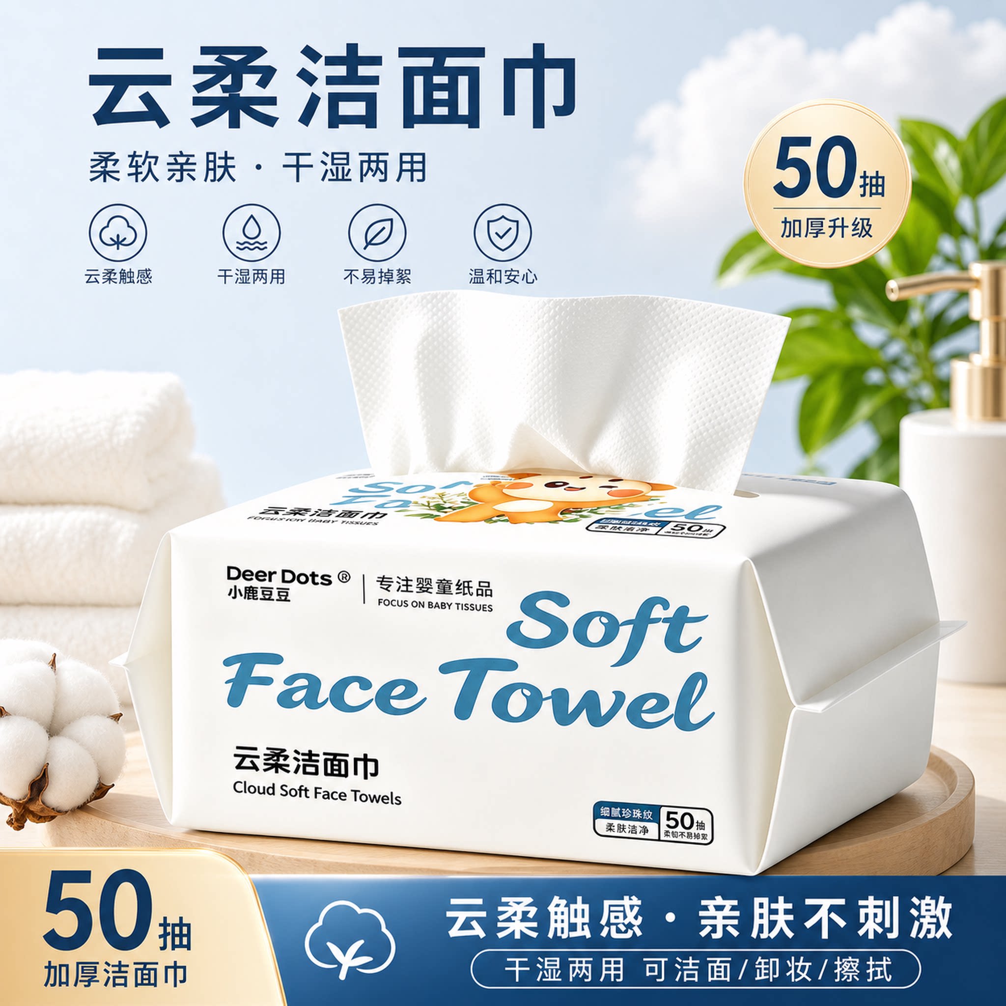 小鹿豆豆加厚洗脸巾抽取式亲肤洁面巾干湿两用一次性绵柔擦脸巾TK