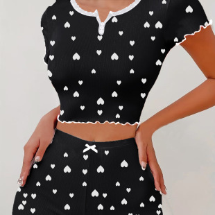 睡衣套装 爱心女式 可外穿家居服 短袖 跨境TEMU欧美热销提花坑条短裤