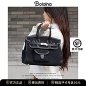 铂莱娜包包女款 单肩斜挎包牛皮配帆布铂金包托特包大容量通勤女包