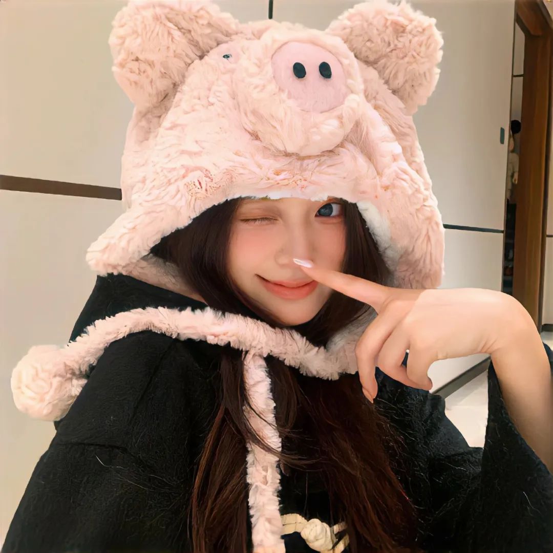 985学姐可爱小猪帽子秋冬毛绒保暖护耳雷锋帽显脸小包头帽