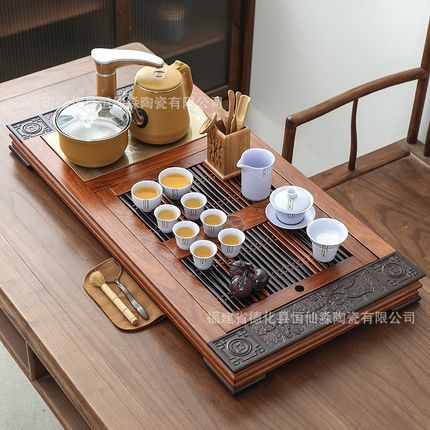 新款黑檀木整块实木茶盘家用功夫茶具套装排水茶台茶海长方形简约