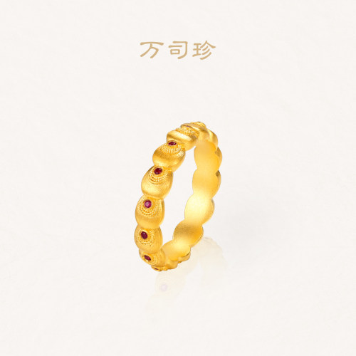 万司珍手工古法黄金 幸运孔雀翎连排花丝戒指 足金戒指纯金礼物