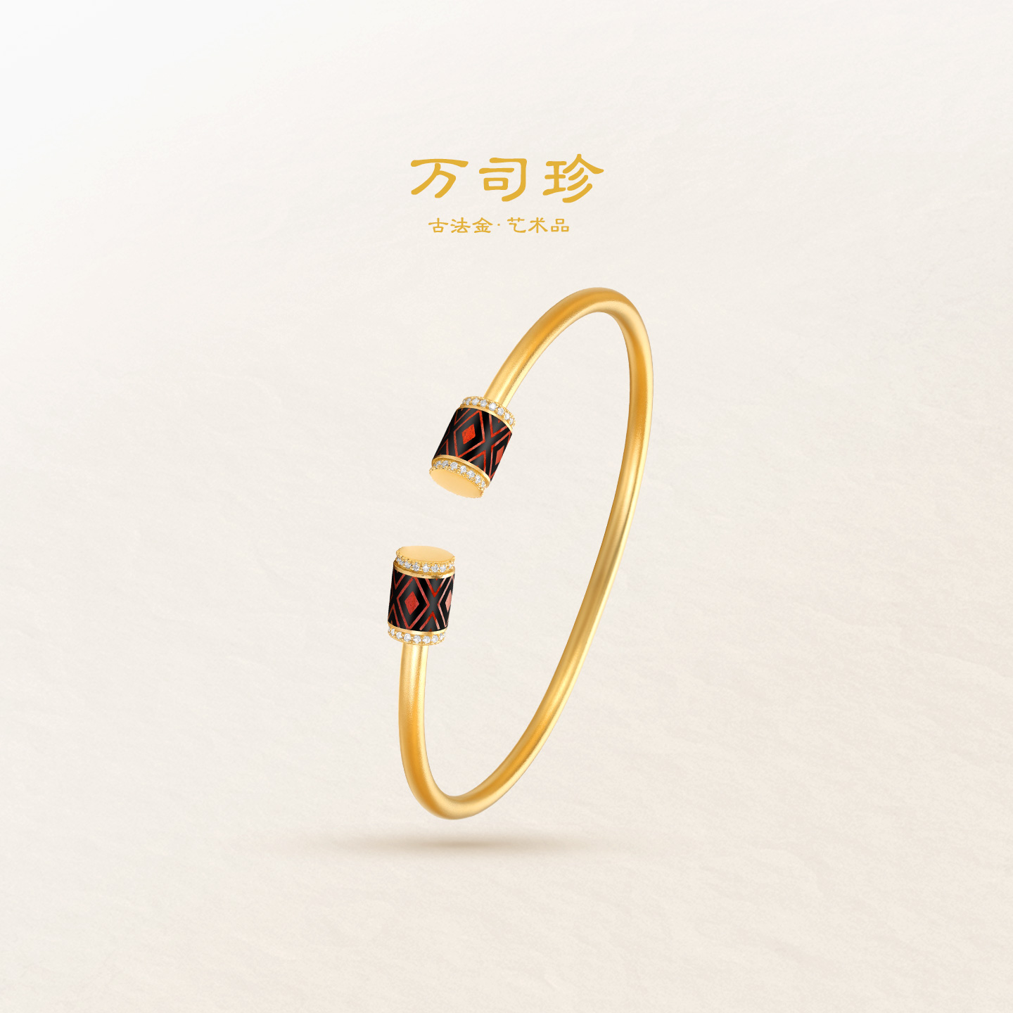 万司珍手工古法黄金 万事真菱开口手镯 足金手镯镶钻纯金礼物