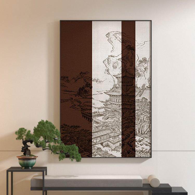 新中式卧室客厅装饰画风景山水阁楼入户玄关壁画走廊尽头竖版挂画