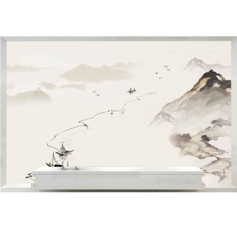 新黑白意境山水电视背景墙壁纸水墨云雾客厅沙发墙布无缝壁画