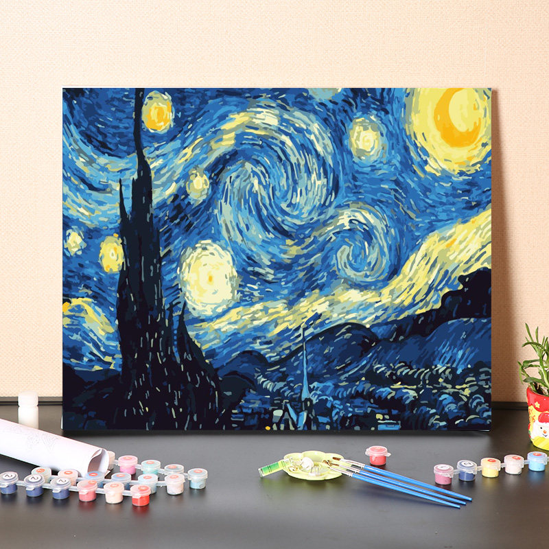 数字油画手工填充梵自画像风景星空星夜手绘水彩涂色油彩画