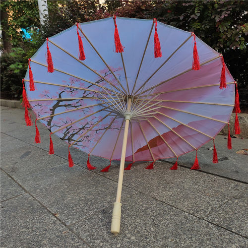 古代女子古汉服油伞 舞蹈演出走秀道具防雨飘带伞古风流苏伞