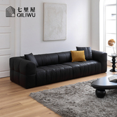 七里屋意式 极简奶油风沙发矽胶皮设计师复古风直排黑色沙发