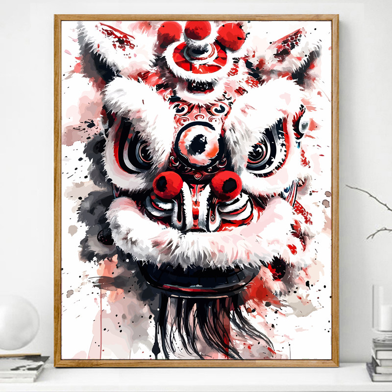 中舞狮油画填充画画填色涂色油彩画丙烯手工