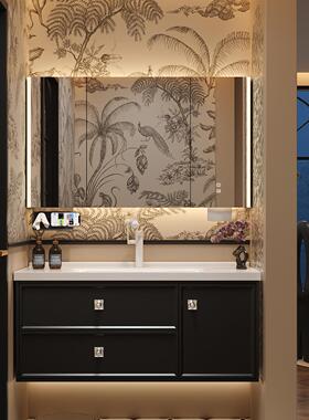 安苒卫浴黑色陶瓷一体盆浴室柜组合卫生间洗手盆柜洗漱台洗脸盆柜