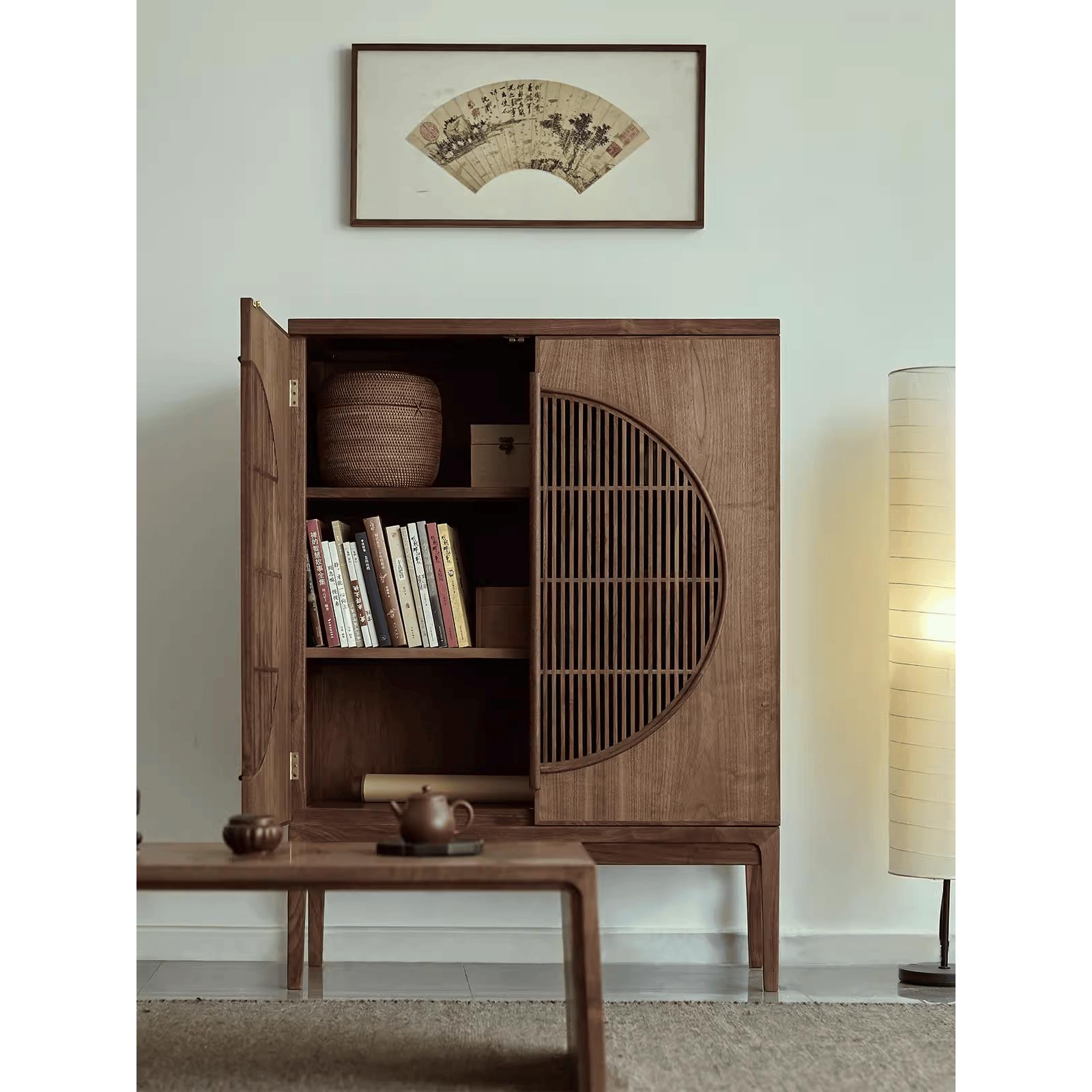 新中式明月柜黑胡桃木餐边柜禅意茶边柜榆木储物柜入户客厅玄关柜