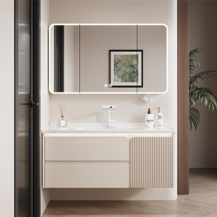 法恩莎奶油风铝合金浴室柜陶瓷一体卫生间洗漱台洗脸洗手盆柜组合