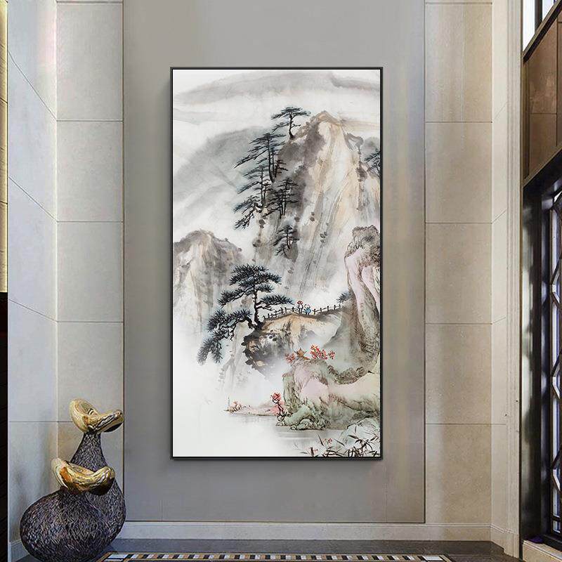 入户玄关装饰画新中式竖版国画荷花过道装饰壁画走廊尽头客厅挂画