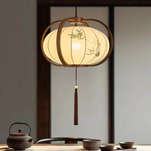 餐厅吊灯宋氏美布艺中古风艺术吊灯新中式复古茶室灯笼水墨画吊灯