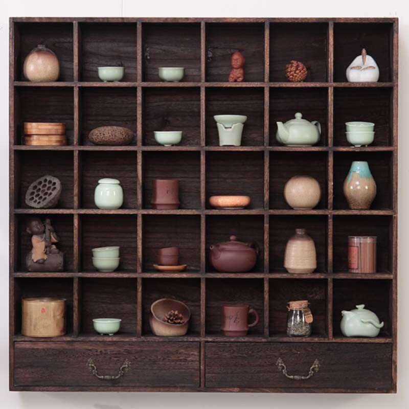 实木挂墙博古架抽屉式茶杯架茶叶柜茶壶展示架茶具架格子架子