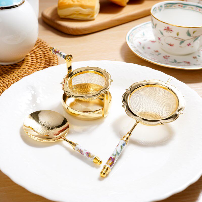 日明顿茶漏镀金色茶勺骨瓷茶茶漏茶器预