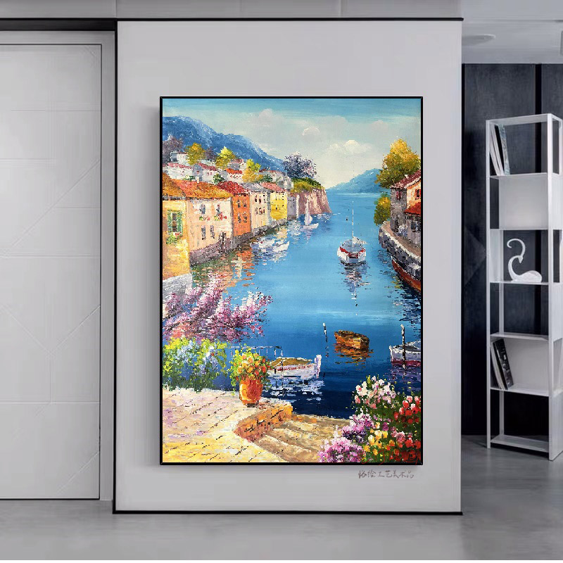 地中海边园风景手绘大幅油画客厅挂画竖玄关过道走廊立体壁画