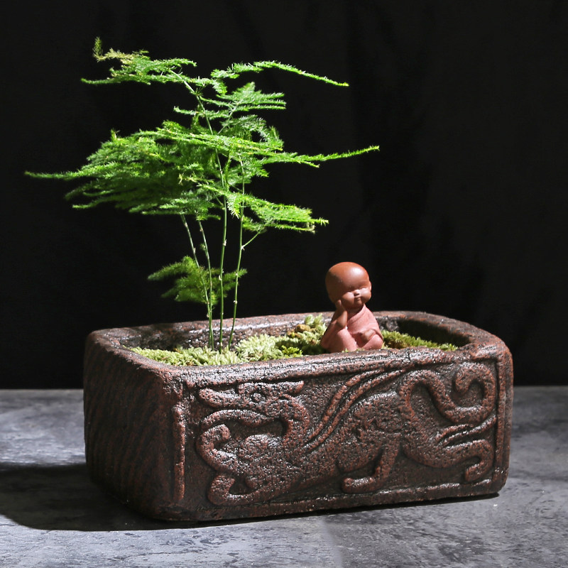 仿汉砖文竹菖蒲盆 无水培复古器 办公室书房家居软装烟灰缸