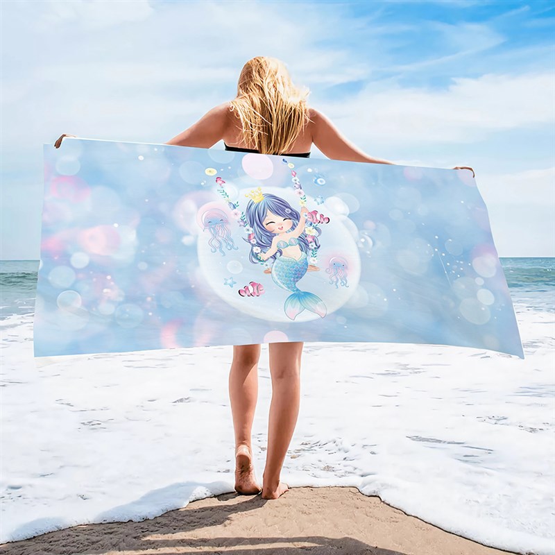少儿女孩美鱼沙滩巾紫色女生海边速干浴巾超细纤维毛巾速干泳池