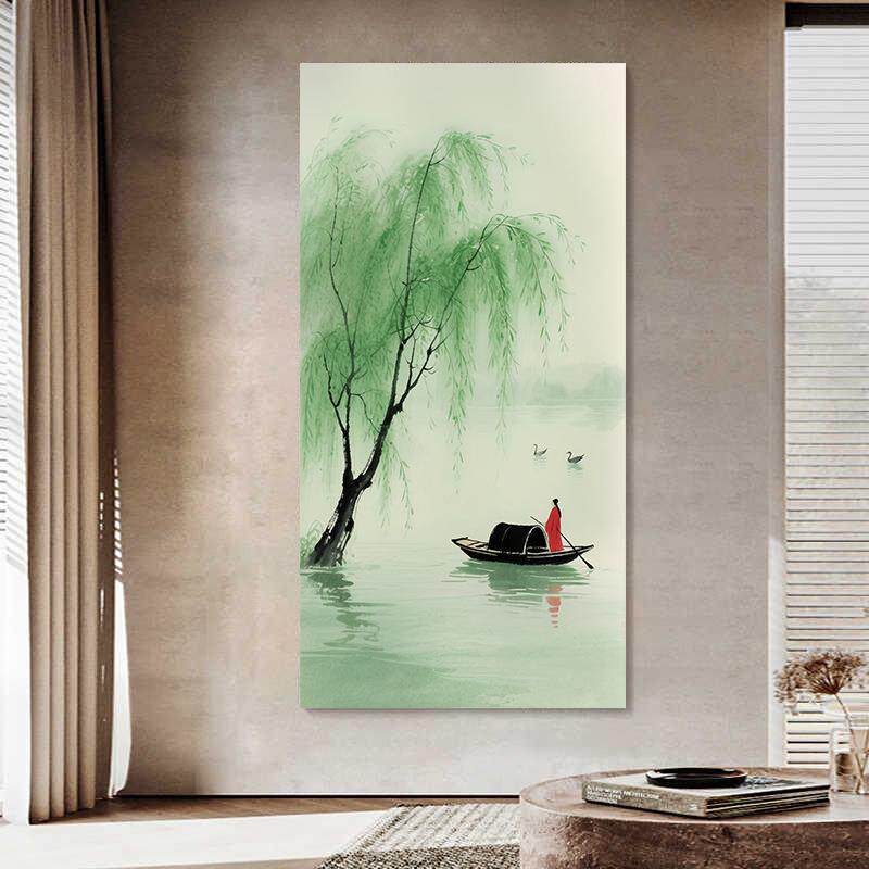 新中式柳树纯手绘油画玄关装饰画客厅抽象绿色肌理画一叶扁舟挂画