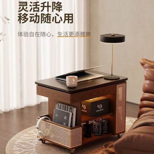 实木可移动边几中古风小推车简易巴士升降茶几家用客厅沙发边柜子