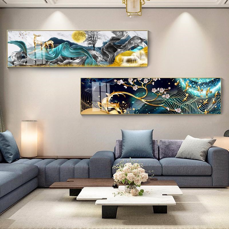 客厅饰画横挂画现代背景墙壁画晶瓷画卧室温馨床画麋鹿