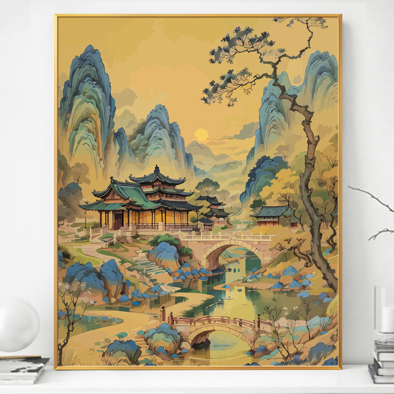 新山水画画油画填充填色手绘手工丙烯油彩客厅饰画