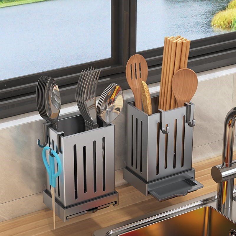 家用厨房免打孔沥水筷子筒壁挂式勺子收纳盒置物架筷子笼沥水