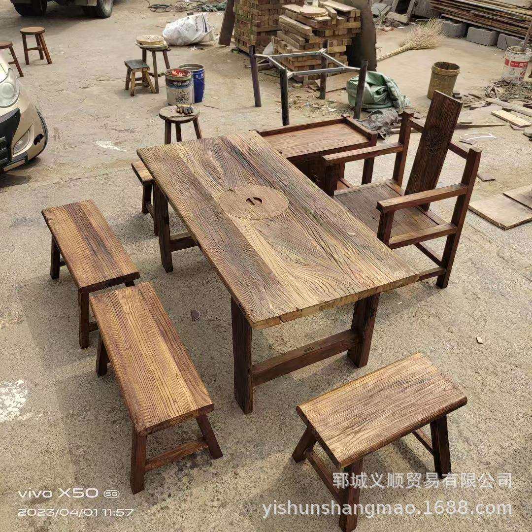 老榆木茶具实木茶桌椅餐厅饭店茶桌椅组合 老榆木家 风化木茶桌椅