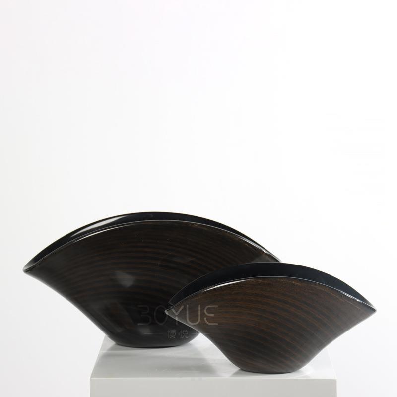 现代琉璃金箔条纹黑色果盘摆件家居样板房客厅餐厅家具展厅软装饰