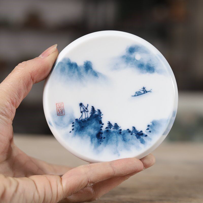 亦紫陶功夫茶具 茶垫 青瓷手绘杯垫 茶杯 盖置